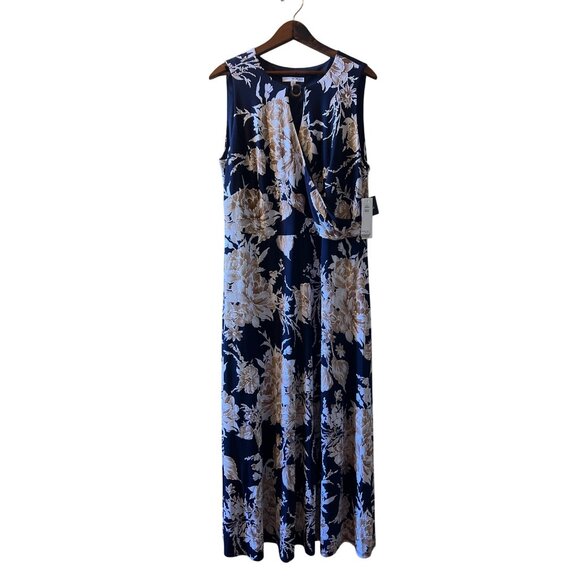 Studio One New York Navy Blue Floral Maxi Dress Sleeveless Keyhole Accent - Picture 2 of 10